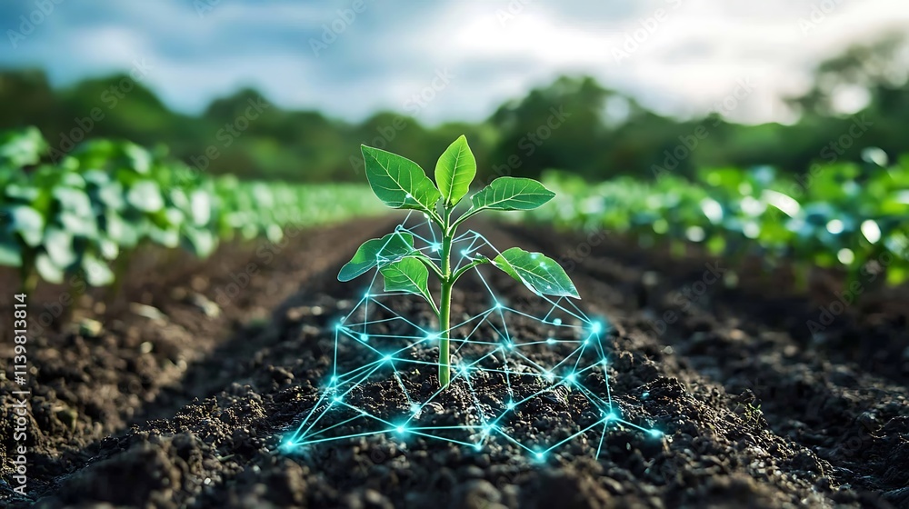 Poster digital visualization of growing plant in field with technology concept and connected network repres