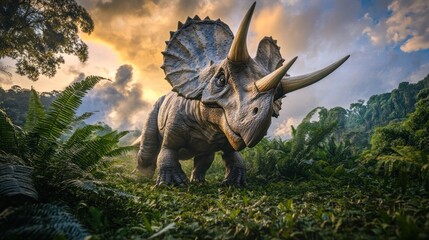 Triceratops dinosaur model in lush jungle at sunset.
