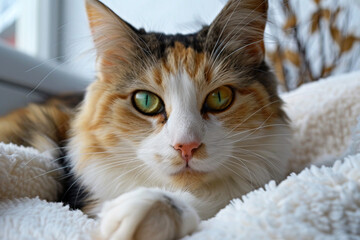 A Japanese bobtail cat relaxes comfortably on a cozy bed in the afternoon sunlight