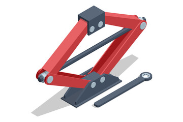 Isometric illustration of a red scissor car jack with a handle tool. Used for lifting vehicles during tire changes and maintenance.
