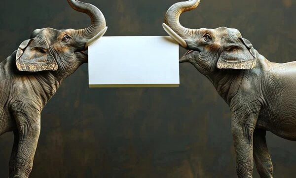 mockup with two elephants in profile facing each other are holding a white sheet of paper with their trunks. a banner on a dark background with copy space. welcome to africa. elephant protection