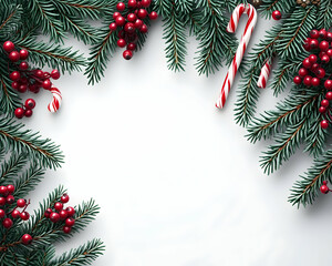 Festive Christmas border of fir branches, candy canes, and red berries on white background.