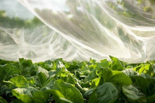 Sunlight filters through netting over lush green plants.