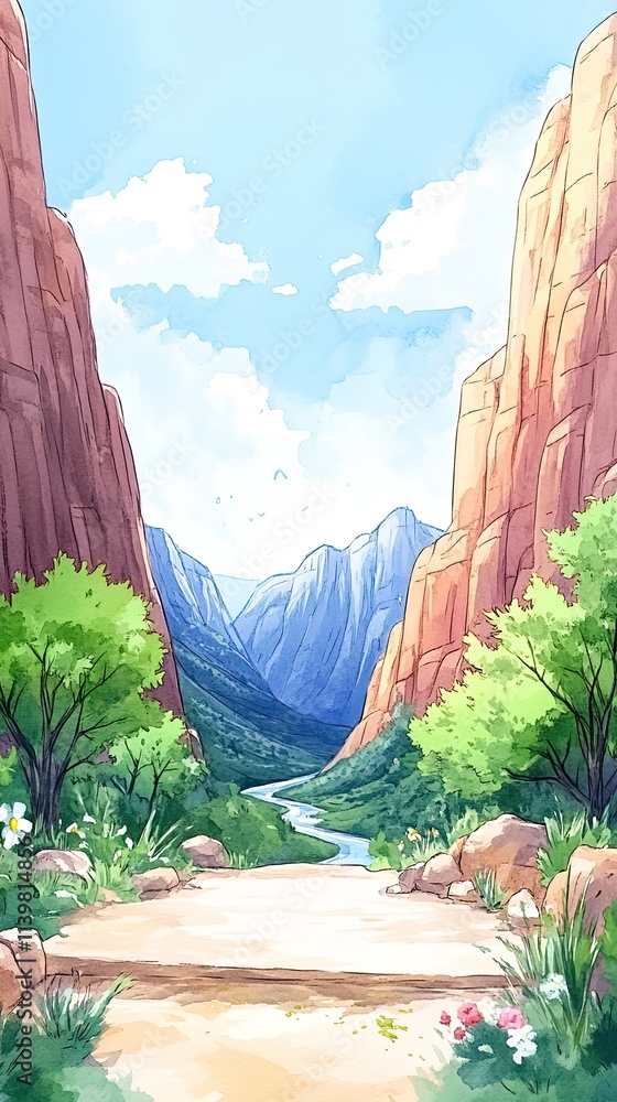 Poster a winding path leads through a canyon towards a distant mountain range with a river flowing through 
