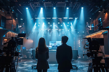 News anchors prepare for live broadcast in a modern television studio with dynamic lighting