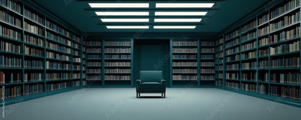Poster energy efficiency lighting optimization concept. empty library with a single chair surrounded by boo