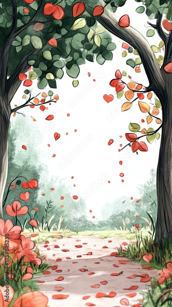 Poster a winding path through a forest with red petals falling from the trees.