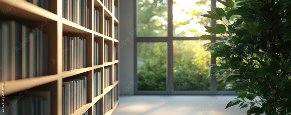 Poster energy efficiency lighting optimization concept. cozy reading nook with a bookshelf and large window