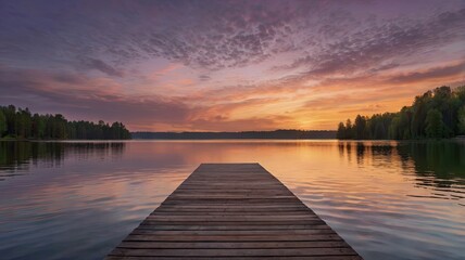 Obraz premium Serene Sunset on the Lake: A wooden dock stretches out into a tranquil lake, framed by a breathtaking sunset painting the sky in hues of orange, pink, and purple.