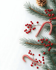 Festive Christmas border with candy canes, pine, berries on white. (2)