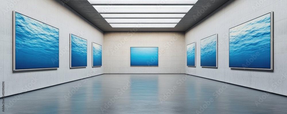 Poster energy efficiency lighting optimization concept. modern gallery featuring multiple blue abstract art