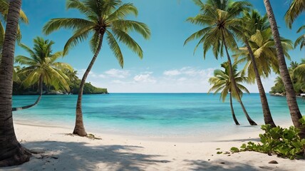 Fototapeta premium Tropical Paradise: A serene and tranquil beach scene, featuring swaying palm trees lining a pristine shoreline, with crystal-clear turquoise waters stretching out towards a vibrant blue sky.