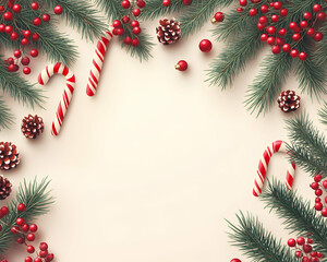 Festive Christmas border with candy canes, pine cones, berries, and fir branches on a beige background.