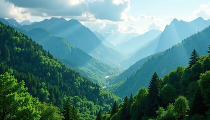 Fototapeta premium Lush green forest covers mystical mountain slopes, trees, landscape