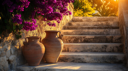 Mediterranean terracotta pots with bougainvillea