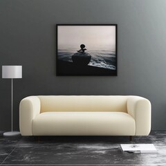 modern living room in white and gray color with couch and painting