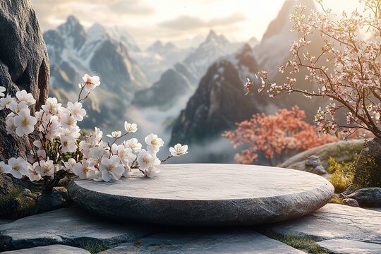 Elegant stone podium with blossoming cherry blossoms against a mountain backdrop.