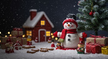Winter holiday christmas background banner - Closeup of cute funny laughing snowman with wool hat and scarf, on snowy snow snowscape with bokeh lights, illuminated by the sun (Generative Ai)