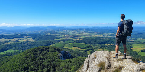 Active hiker standing on a mountain peak with a backpack, looking at a breathtaking view of the valley, sunny day, clear sky, scenic landscape, adventure and freedom