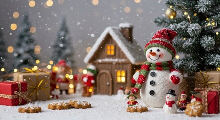 Winter holiday christmas background banner - Closeup of cute funny laughing snowman with wool hat and scarf, on snowy snow snowscape with bokeh lights, illuminated by the sun (Generative Ai)