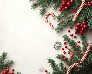 Festive Christmas border with fir branches, candy canes, and berries on a light background.