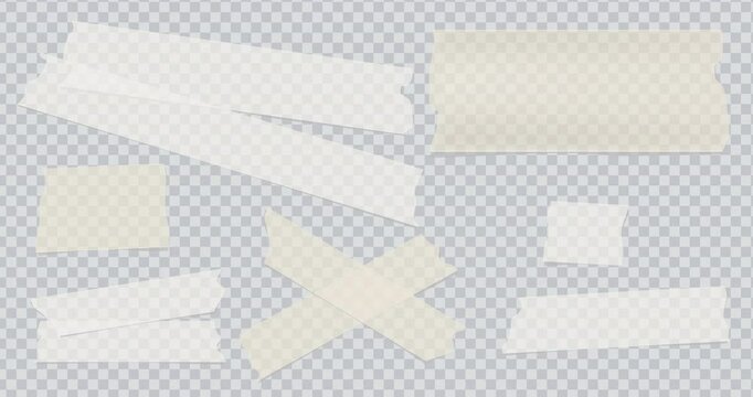 Transparent sellotape different size. Animated stick adhesive masking duct tape, paper pieces with torn edges. Sticky scotch, duct paper strips on checkered background. Alpha channel. 4K video graphic