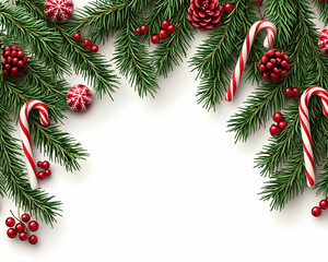 Festive Christmas border with fir branches, candy canes, berries, and pine cones on white.