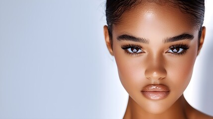 Close-up studio portrait of an African American woman, smooth radiant skin, confident expression, soft lighting highlighting facial contours, professional vibe