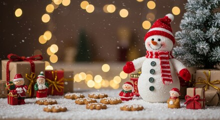 Winter holiday christmas background banner - Closeup of cute funny laughing snowman with wool hat and scarf, on snowy snow snowscape with bokeh lights, illuminated by the sun (Generative Ai)