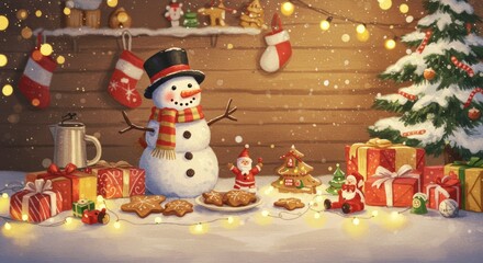 Winter holiday christmas background banner - Closeup of cute funny laughing snowman with wool hat and scarf, on snowy snow snowscape with bokeh lights, illuminated by the sun (Generative Ai)