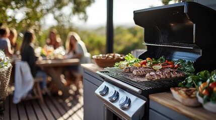 Outdoor Barbecue Gathering Party with Friends in a Scenic Backyard Setting