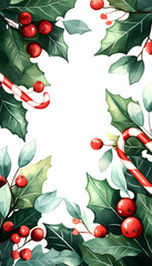 Festive Christmas border with holly berries and candy canes.
