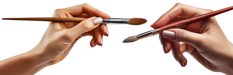 Extreme close-up, macro photography of the female hand of a painter artist holding a fine-tipped paintbrush, isolated on white or transparent background, collection and variation. Png. Generative Ai.
