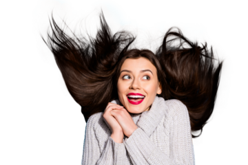 Overjoyed by warm breeze lady carefree mood wear knitted pullover isolated blue background