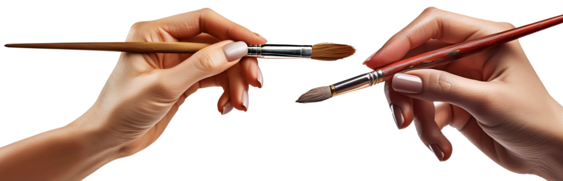 Extreme close-up, macro photography of the female hand of a painter artist holding a fine-tipped paintbrush, isolated on white or transparent background, collection and variation. Png. Generative Ai.
