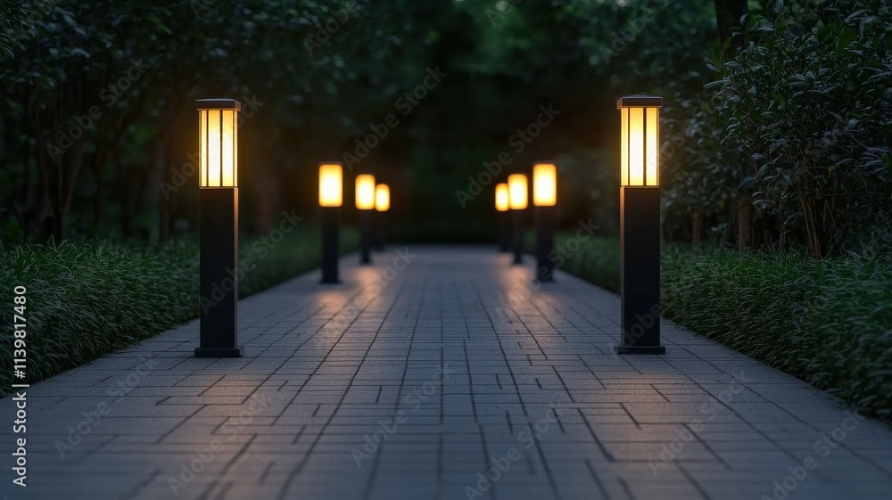 Poster energy efficiency lighting optimization concept. a serene path illuminated by glowing lanterns in a 