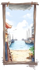 A wooden frame view of a harbor with boats docked and a sandy beach.