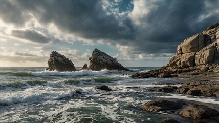 Obraz premium Dramatic Coastal Scene: Three majestic rock formations stand defiant against a turbulent sea under a brooding sky. The raw power of nature is captured in this breathtaking seascape. 
