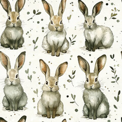 Seamlass pattern illustration of rabbits seamlessly repeated on a light background with sprigs. Perfect for children's designs, textiles, or wallpapers, adding a whimsical touch to any space.