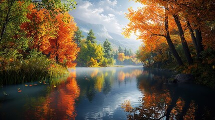 Obraz premium Vibrant fall landscape featuring a serene river and colorful foliage.