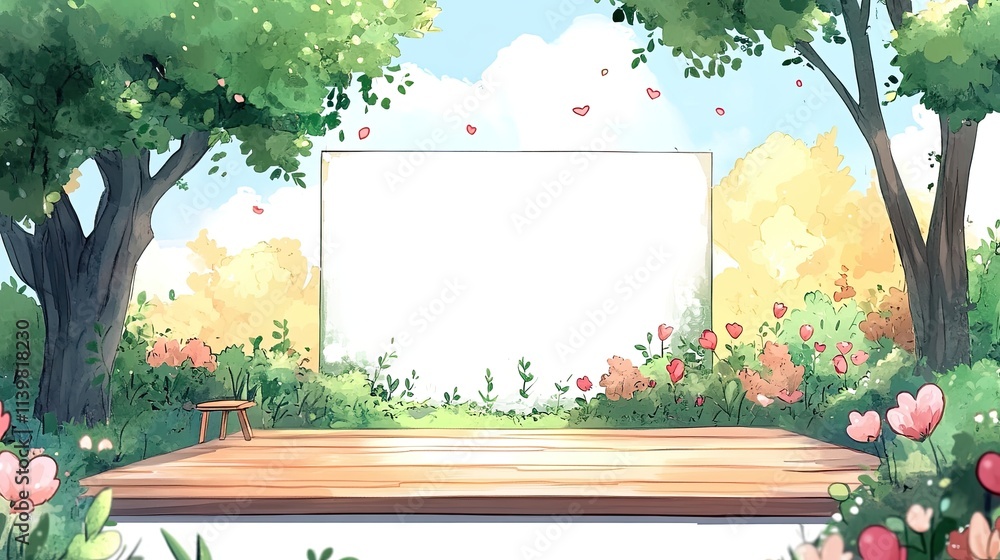 Poster a wooden platform in a green forest with a white empty frame on the background.