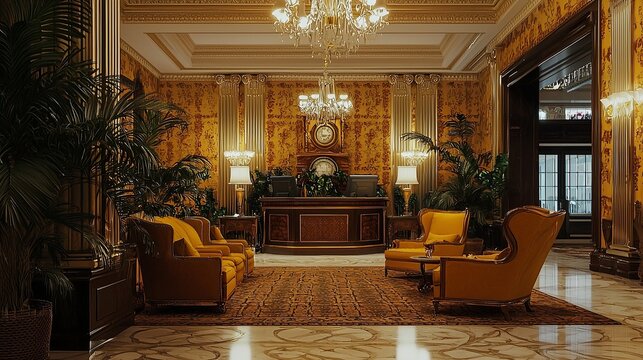Old-fashioned hotel lobby with classic armchairs, wallpaper, and chandeliers