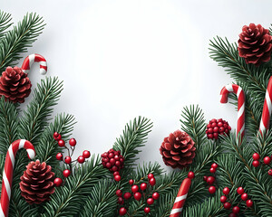 Festive Christmas border with pine, candy canes, and berries on white.