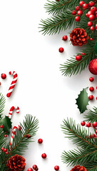 Festive Christmas border with pine, holly, berries, candy canes, and pinecones on white background.