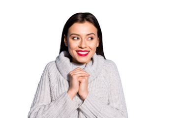 Petty funny lady looking empty space giggling wear knitted pullover isolated blue background