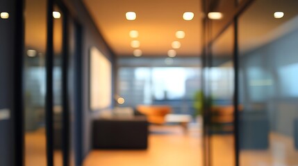 Abstract Blurred Office Interior Design with Warm Lighting. Blurry Background.
