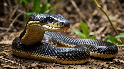 Black and Yellow Snake Coiled on Forest Floor