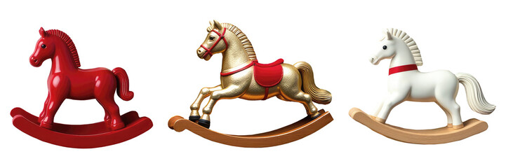 Set Gold, red and white rocking horse toy isolated on white cutout. PNG rocking horse. Merry Christmas theme, design element