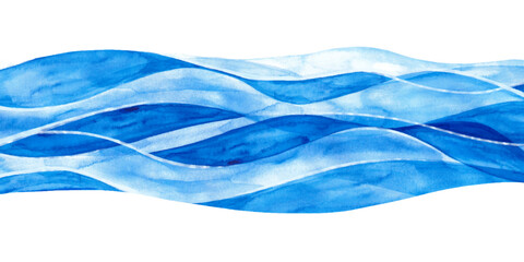 Beautiful River in Watercolor Style Hand Painted. Abstract horizontal banner with waves. Blue water isolated on white background. Sea frame. Ocean minimal view