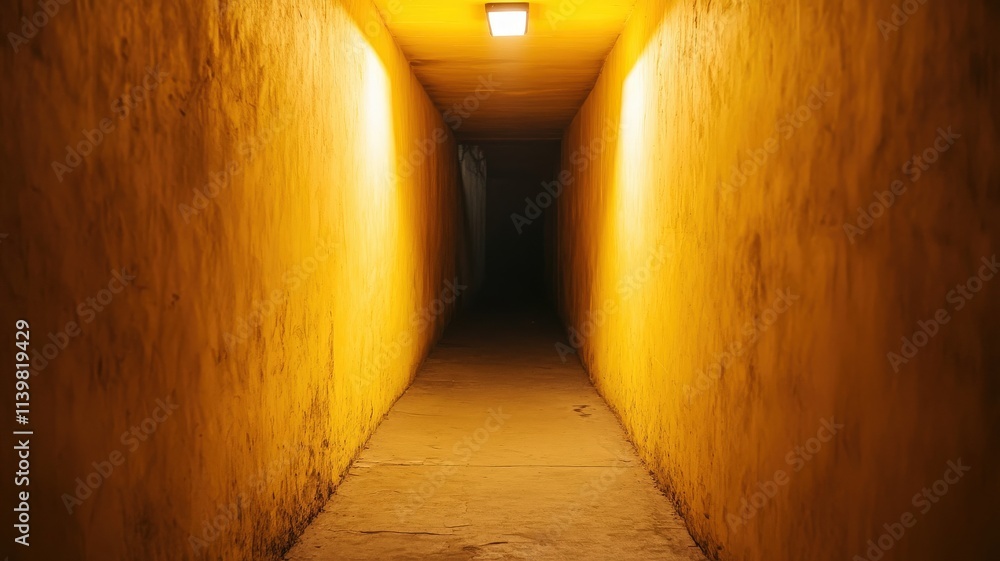 Poster energy efficiency lighting optimization concept. dark corridor illuminated by yellow lights, creatin